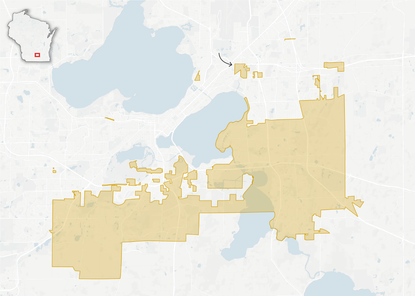 A map of the Madison area shows a sprawling orange area labeled 47th District. The boundaries of the district snake across the region and include at least a dozen islands that are completely separated from the main part of the orange area.