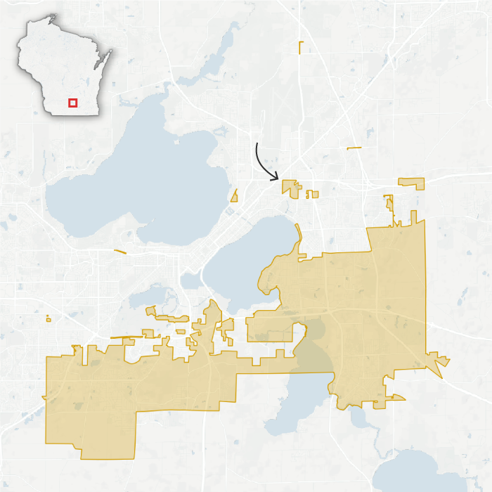 A map of the Madison area shows a sprawling orange area labeled 47th District. The boundaries of the district snake across the region and include at least a dozen islands that are completely separated from the main part of the orange area.