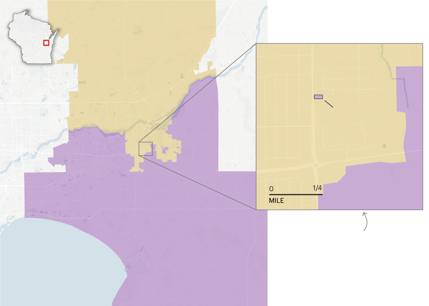 A larger map of the Appleton area shows a purple area labeled 3rd District and an orange area labeled 5th District. An inset map shows a zoomed-in area of the larger map, where a small island of the purple 3rd District is surrounded by the orange 5th District. The purple island is labeled “one house.” City labels indicate that the purple island is part of the town of Buchanan and the orange area is part of the city of Kaukauna.