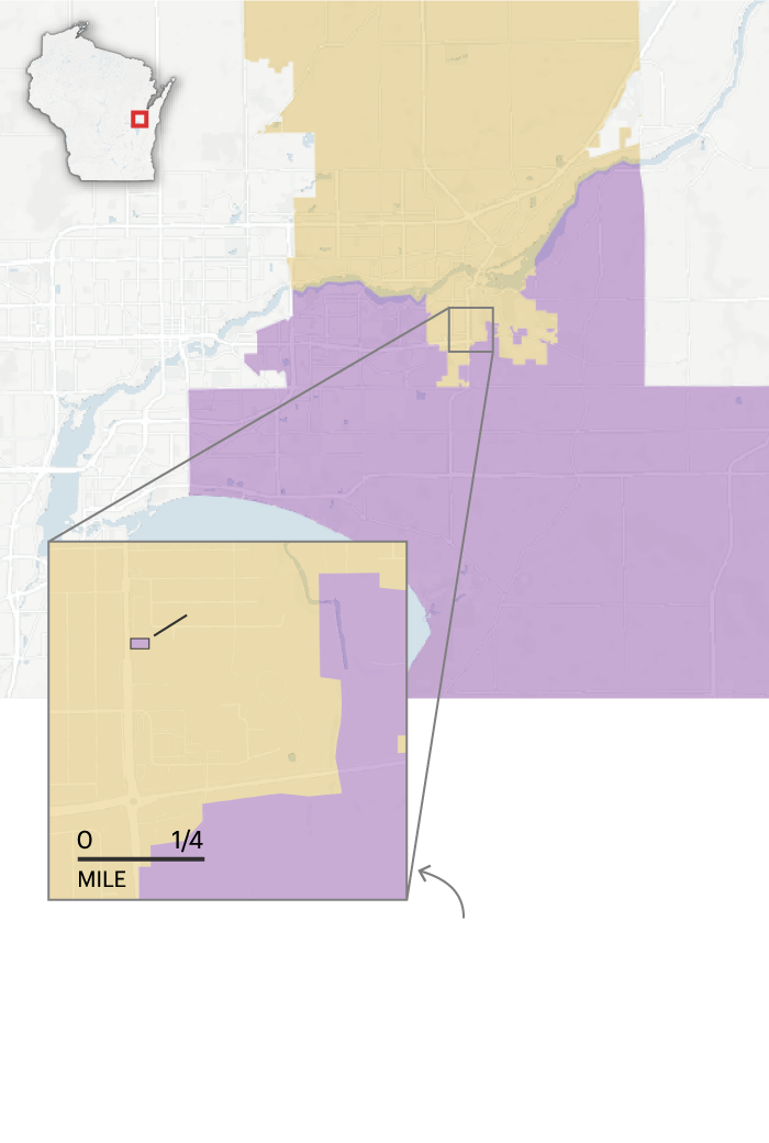 A larger map of the Appleton area shows a purple area labeled 3rd District and an orange area labeled 5th District. An inset map shows a zoomed-in area of the larger map, where a small island of the purple 3rd District is surrounded by the orange 5th District. The purple island is labeled “one house.” City labels indicate that the purple island is part of the town of Buchanan and the orange area is part of the city of Kaukauna.