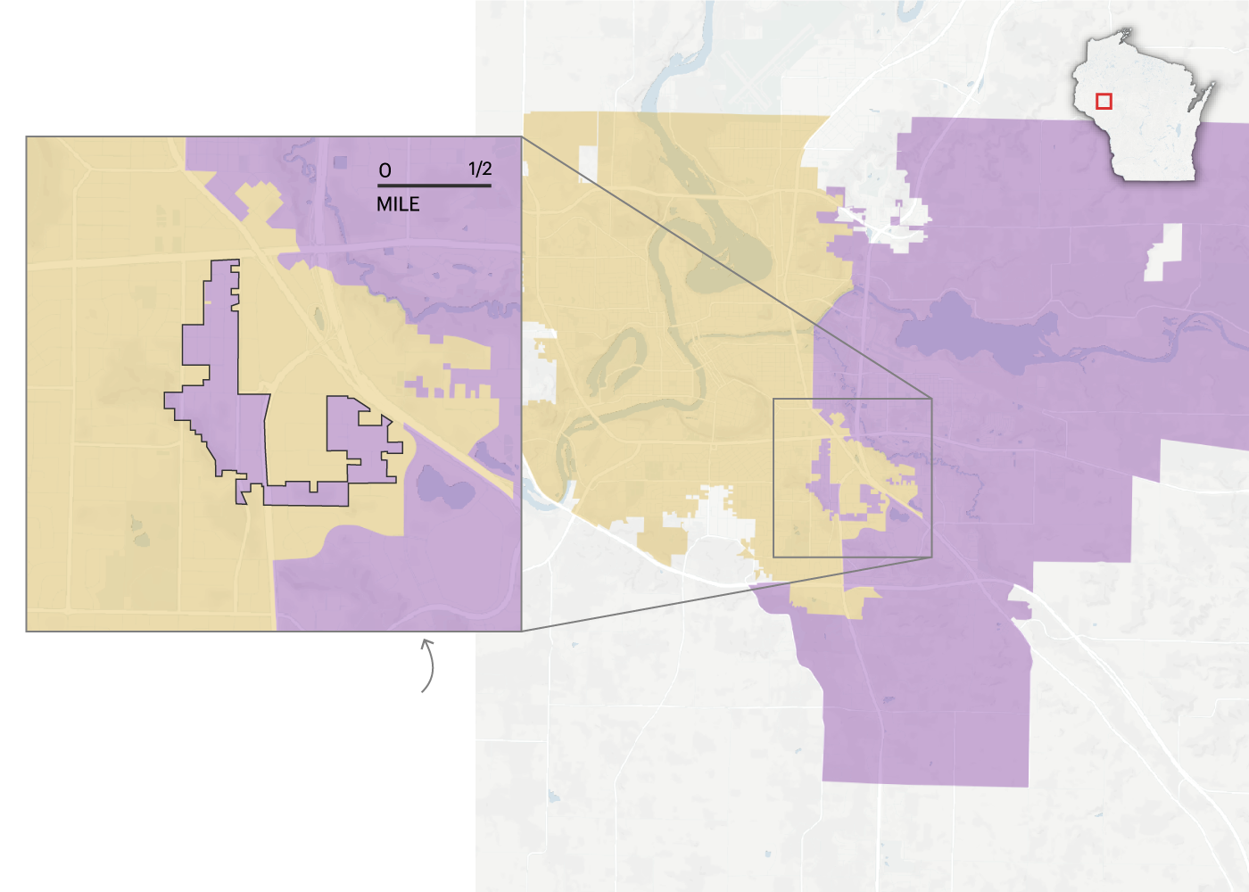 A larger map of the Eau Claire area shows a purple area labeled 68th District and an orange area labeled 91st District. An inset map zooms in on a small section of the larger map where an island of the purple 68th District is surrounded by the orange 2nd District.