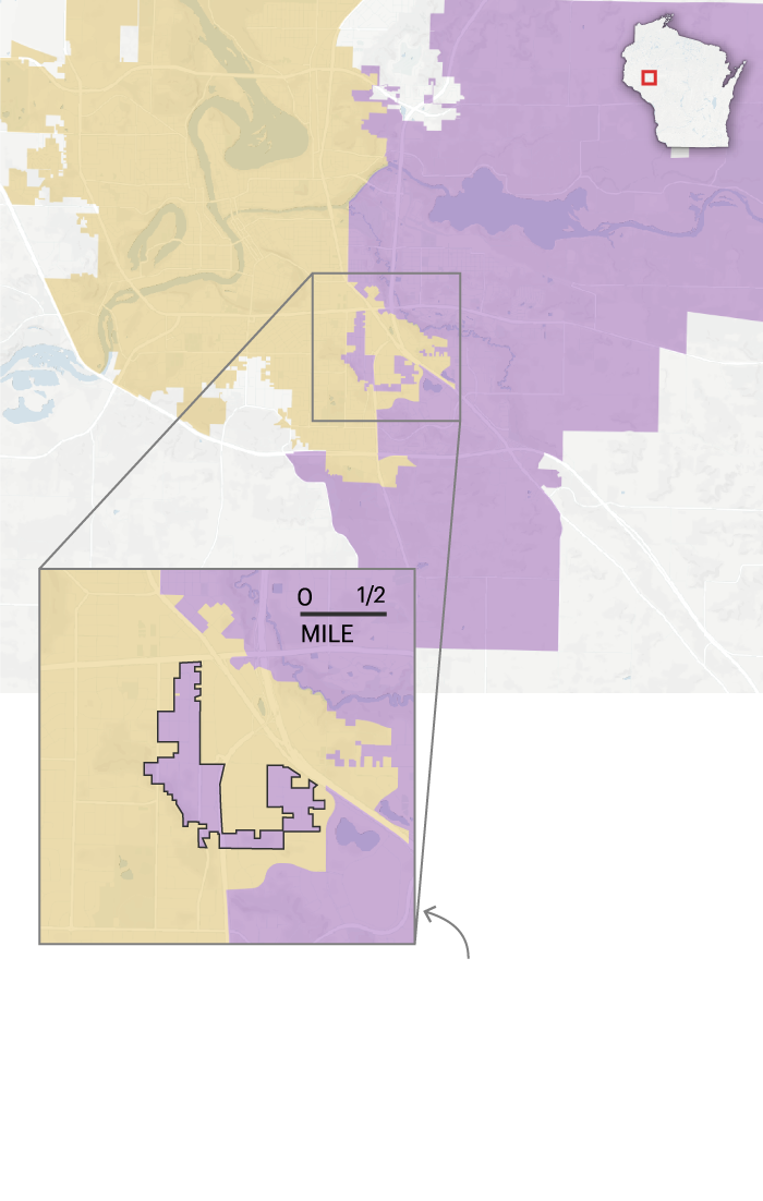 A larger map of the Eau Claire area shows a purple area labeled 68th District and an orange area labeled 91st District. An inset map zooms in on a small section of the larger map where an island of the purple 68th District is surrounded by the orange 2nd District.