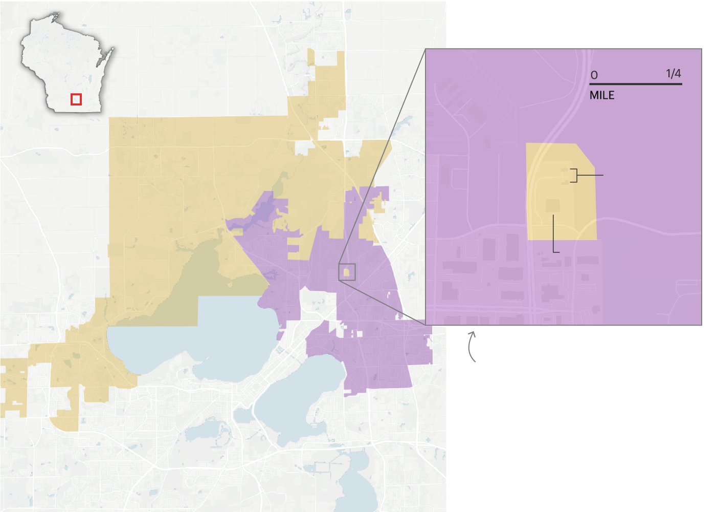 A larger map of the Madison area shows a purple area labeled 48th District and an orange area labeled 79th District. An inset map shows a zoomed-in area of the larger map, where a small island of the orange 79th District is surrounded by the purple 48th District. Two houses and a manufacturing plant are labeled within the orange island.