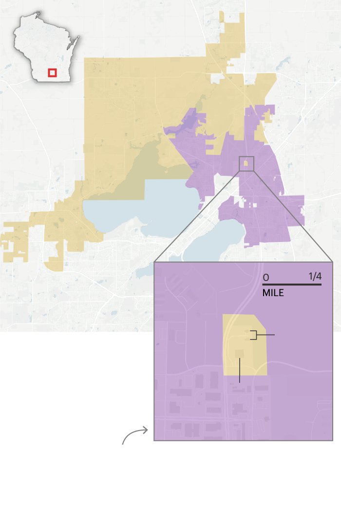 A larger map of the Madison area shows a purple area labeled 48th District and an orange area labeled 79th District. An inset map shows a zoomed-in area of the larger map, where a small island of the orange 79th District is surrounded by the purple 48th District. Two houses and a manufacturing plant are labeled within the orange island.