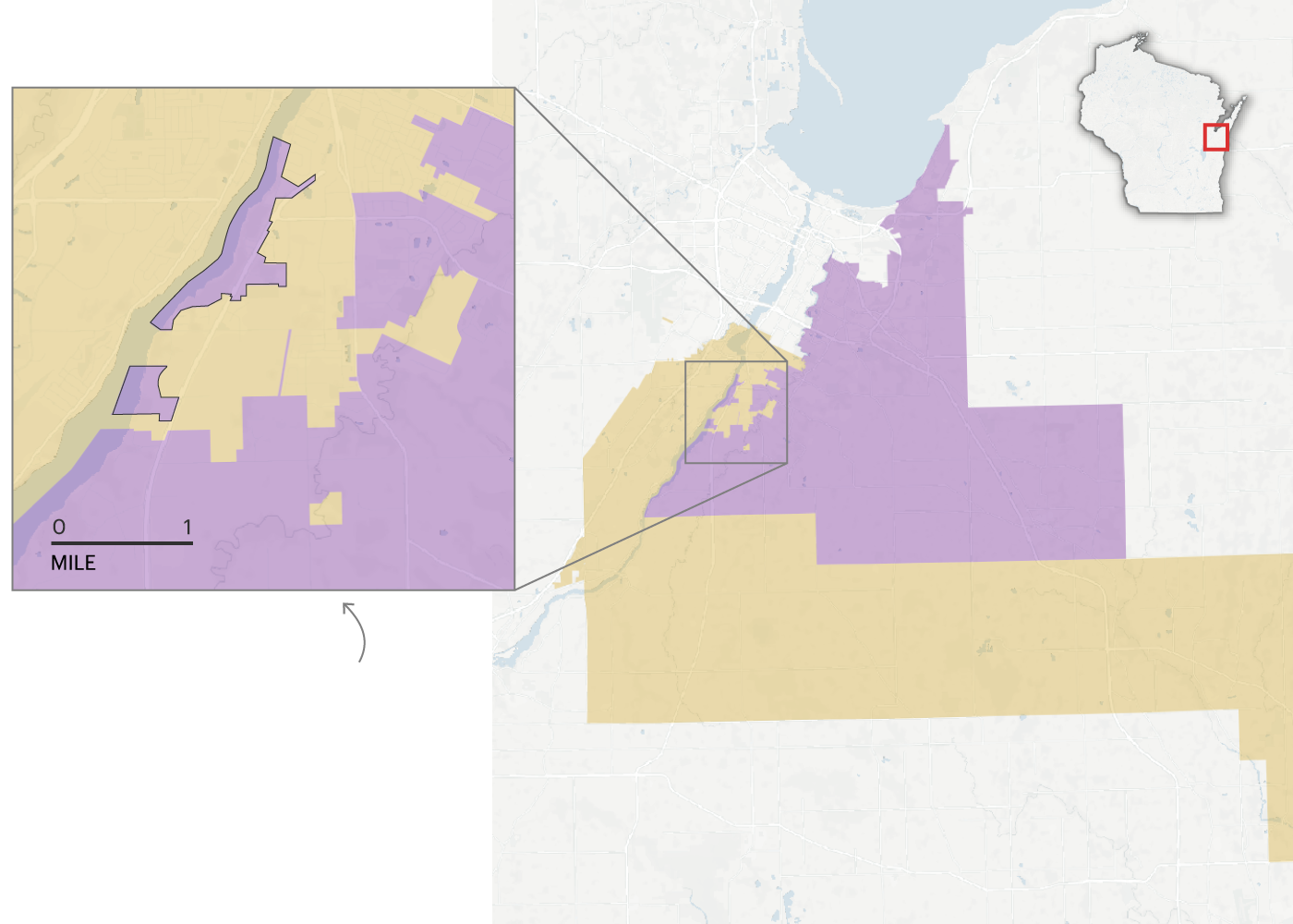 A larger map of the Green Bay area shows a purple area labeled 88th District and an orange area labeled 2nd District. An inset map zooms in on a small section of the larger map where two islands of the purple 88th District are surrounded by the orange 2nd District.