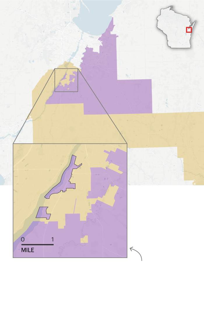 A larger map of the Green Bay area shows a purple area labeled 88th District and an orange area labeled 2nd District. An inset map zooms in on a small section of the larger map where two islands of the purple 88th District are surrounded by the orange 2nd District.